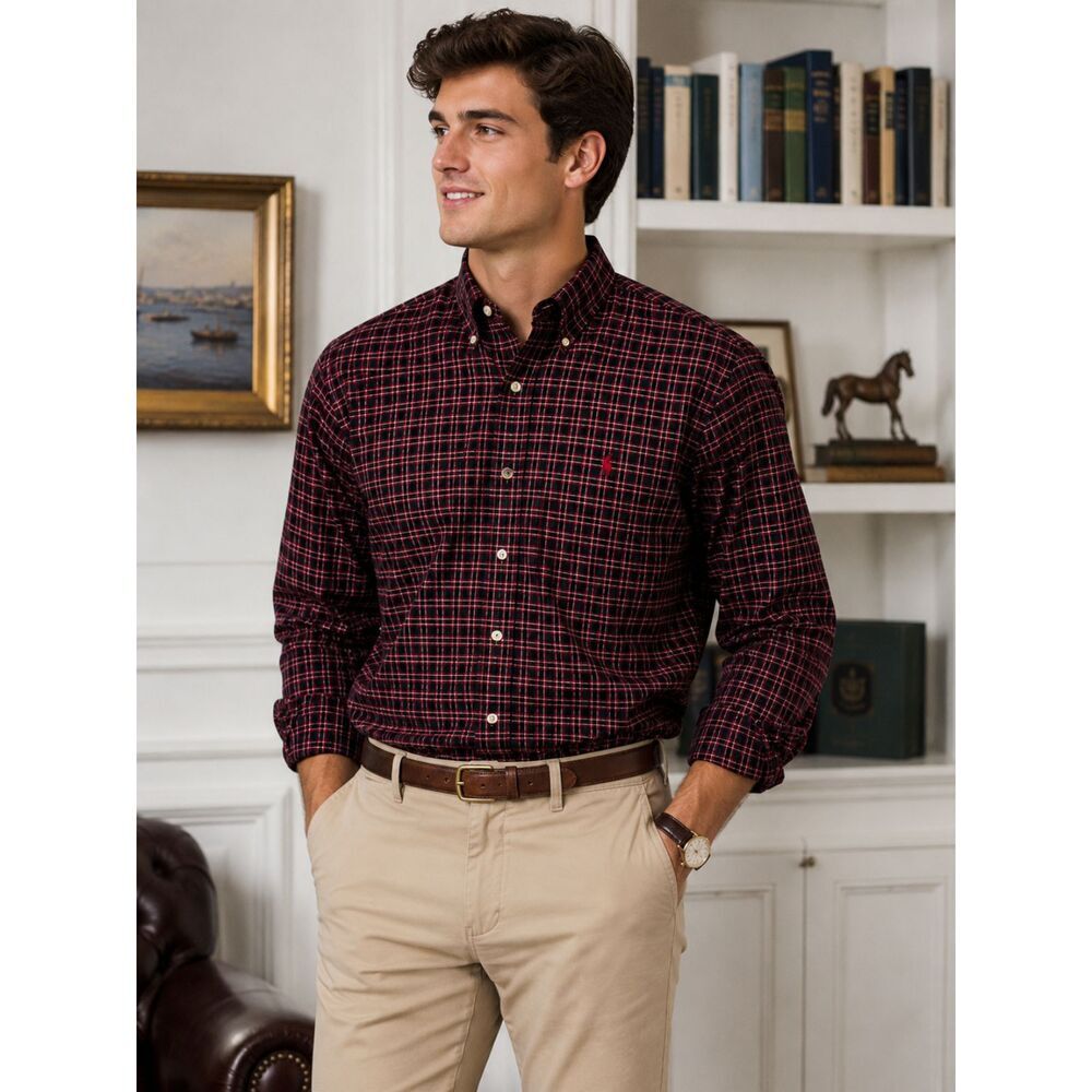 Ralph Lauren Men's Classic Fit Red Black Plaid Button-Down Shirt L 100% Cotton